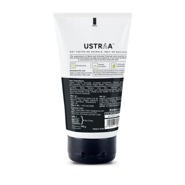 Ustraa Face Wash Acne Control - With Neem & Charcoal - 100g - Oil control, Prevents Acne, Especially for Oily skin | Keeps Face Non-sticky, Non-oily | No SLS, No Paraben - Image 3
