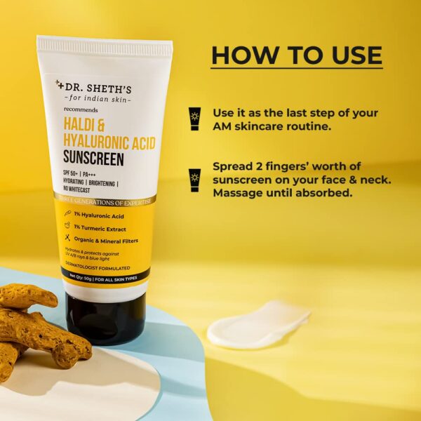 Dr. Sheth's Sunscreen - SPF 50 PA++++ Haldi & Hyaluronic Acid Sunscreen | Spf 50+ | PA+++ | Protects from UVA/UVB, 50gm - Image 2