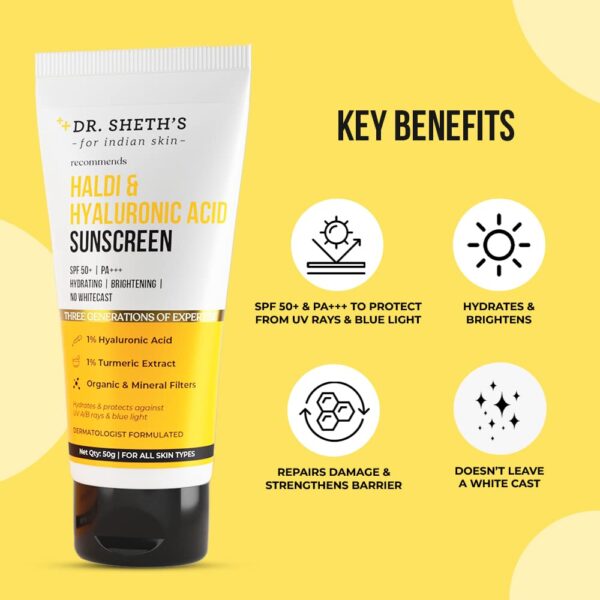 Dr. Sheth's Sunscreen - SPF 50 PA++++ Haldi & Hyaluronic Acid Sunscreen | Spf 50+ | PA+++ | Protects from UVA/UVB, 50gm - Image 4