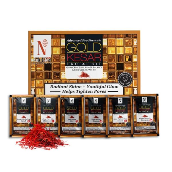 NutriGlow NATURAL'S Advanced Pro Formula Gold Kesar Facial Kit for Glowing Skin| Cleanup Kit for Radiant Shine| Helps Tighten Pores, 60gm